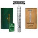 VIKINGS BLADE Double Edge Safety Razor for Men + 5 Swedish Steel Blades + Luxury Case. Long Handle. Smooth, Reusable, Eco-Friendly (The Vulcan) (Chromium Silver)