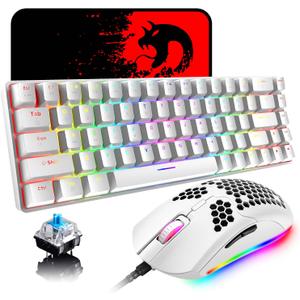 65% Wired Gaming Mechanical Keyboard and Mouse Combo, Mini 68 Keys, RGB Backlight, Lightweight RGB 6400DPI Honeycomb Optical Mouse,Mouse Pad Compatible with PS4,Xbox,PC,Laptop,MAC (White/Blue Switch)