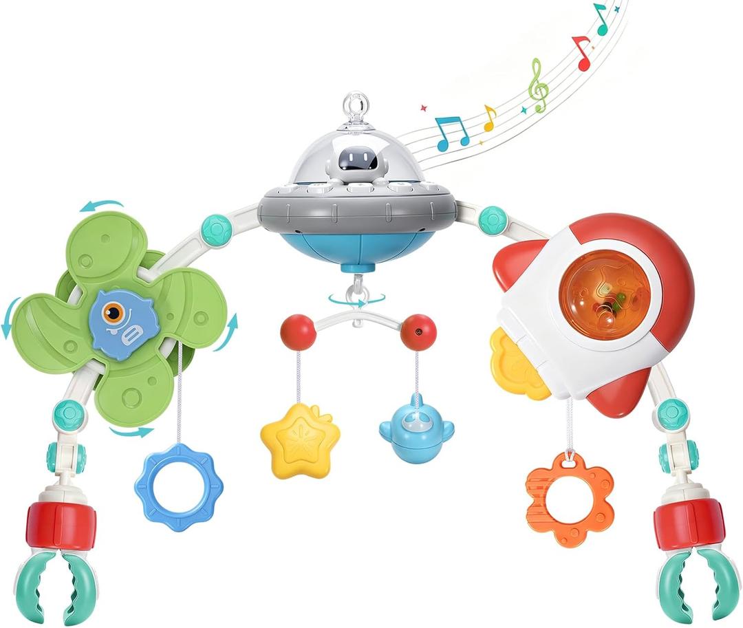 GONINO Baby Stroller Arch Toy, Musical Car Seat Toys for Babies 0-6 Months, Adjustable Crib Mobile with Hanging Sensory Toys for Bassinet & Bouncer, Space Baby Toy with Lights, Newborn Baby Gifts