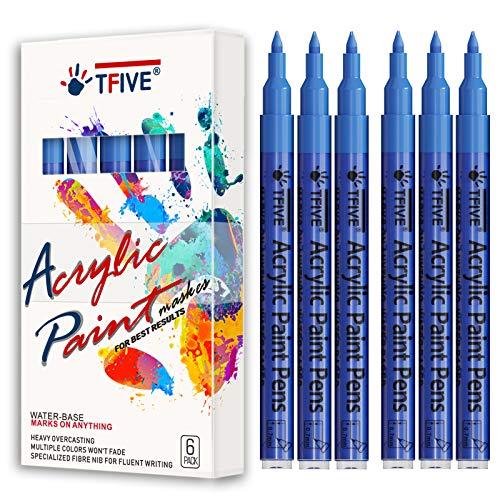 Blue Marker Paint Pens - 6 Pack Acrylic Blue Permanent Marker, 0.7mm Extra Fine Tip Paint Pen for Art projects, Drawing, Rock Painting, Stone, Ceramic, Glass, Wood, Plastic, Metal, Canvas DIY Crafts
