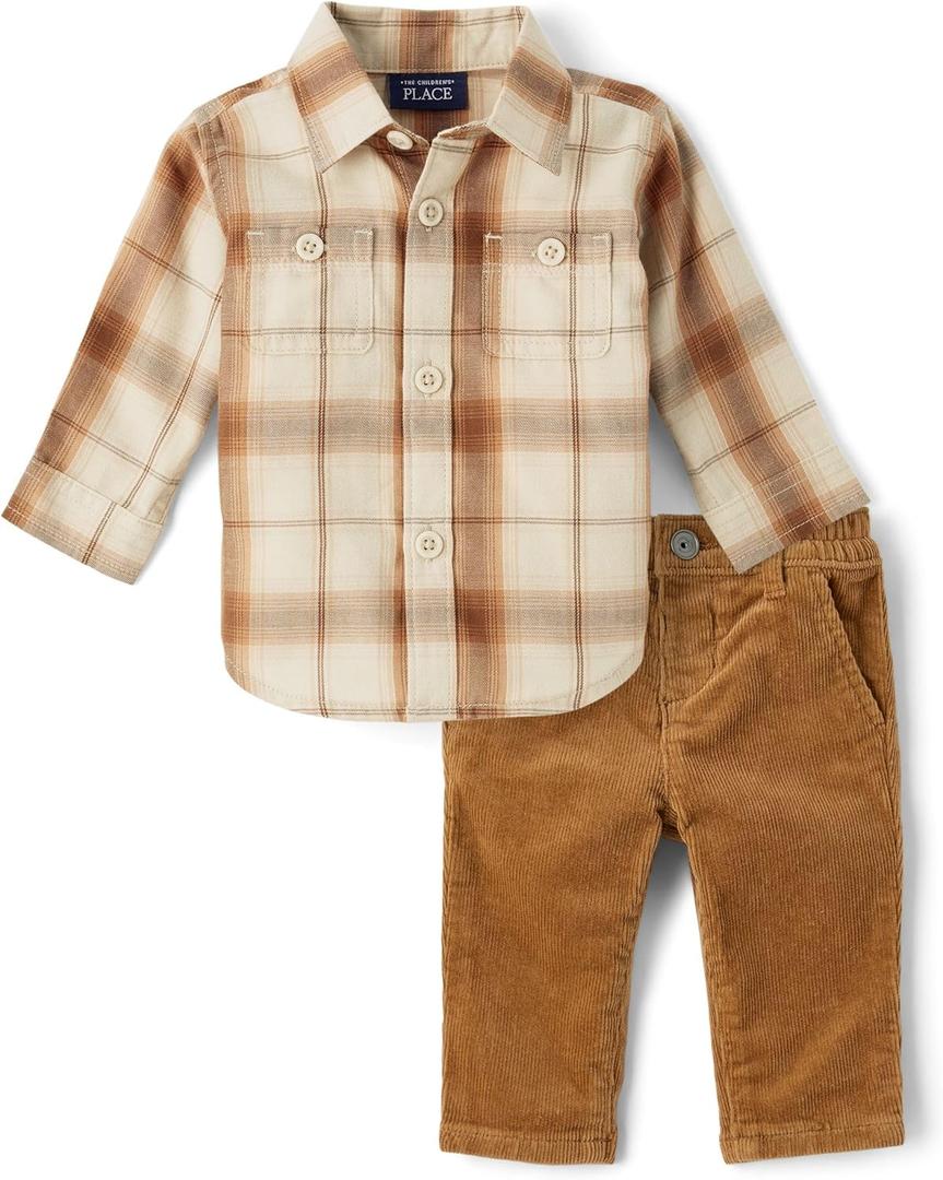 The Children's Place baby-boys And Newborn Button Down Shirt and Pants, 2 Piece Outfit (Iced Coffee Flannel)