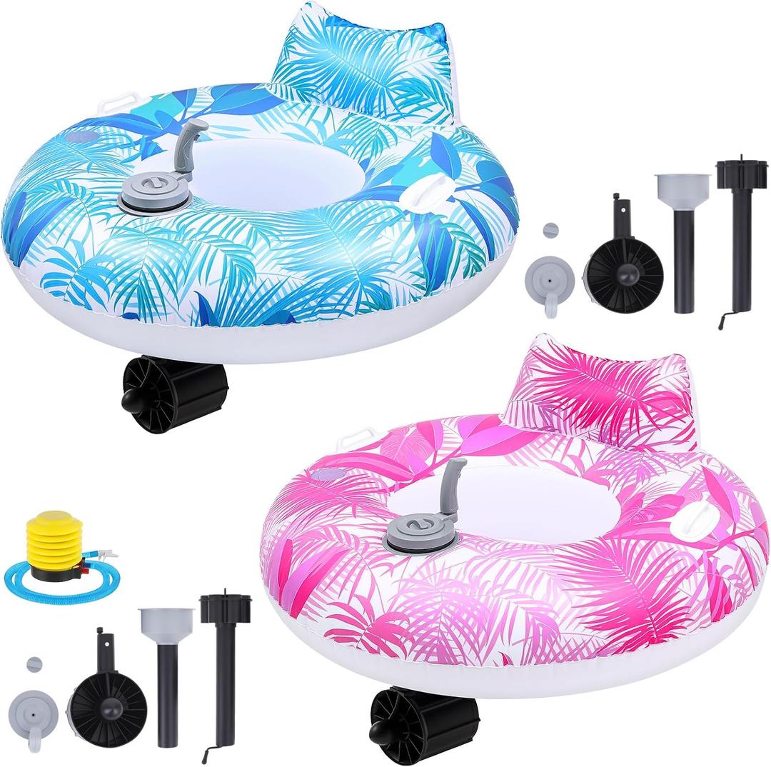 2 Sets Motorized Pool Float for Adults, Electric Inflatable Pool Lounger Float Driving Tube Floating with Pusher Handles Cup Holder for Summer Water Beach(Leaves, Blue Pink) 