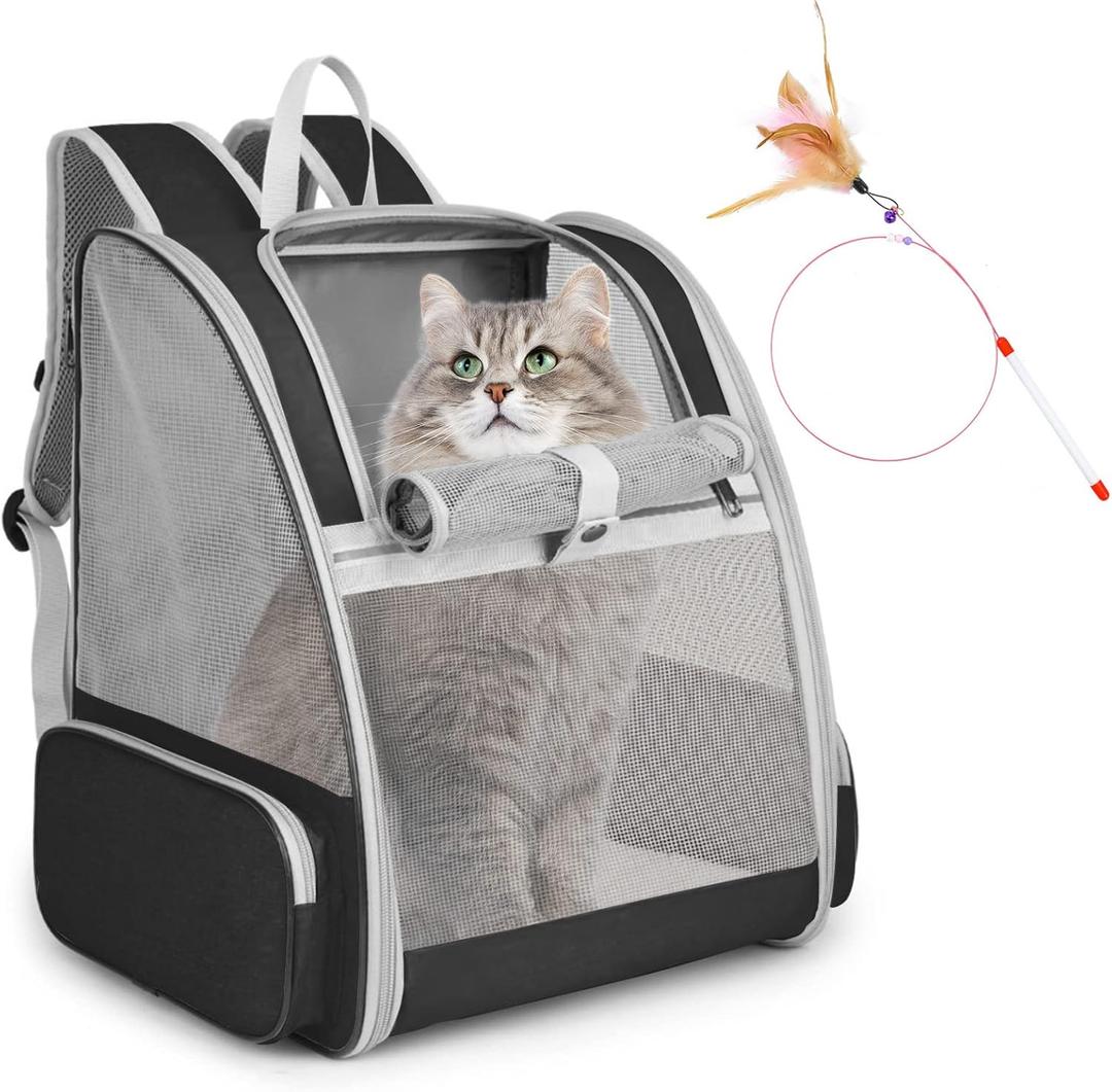 Cat Backpack Carrier, Pet Carrier Backpack with Kitten Wand Feather Toy for Medium Small Dog Cat Puppy Kitty Bunny up to 15lbs, Large Ventilated Mesh Cat Bookbag for Travel Walking Outdoor Use (Black) 12.6"x11.4"x16.5"