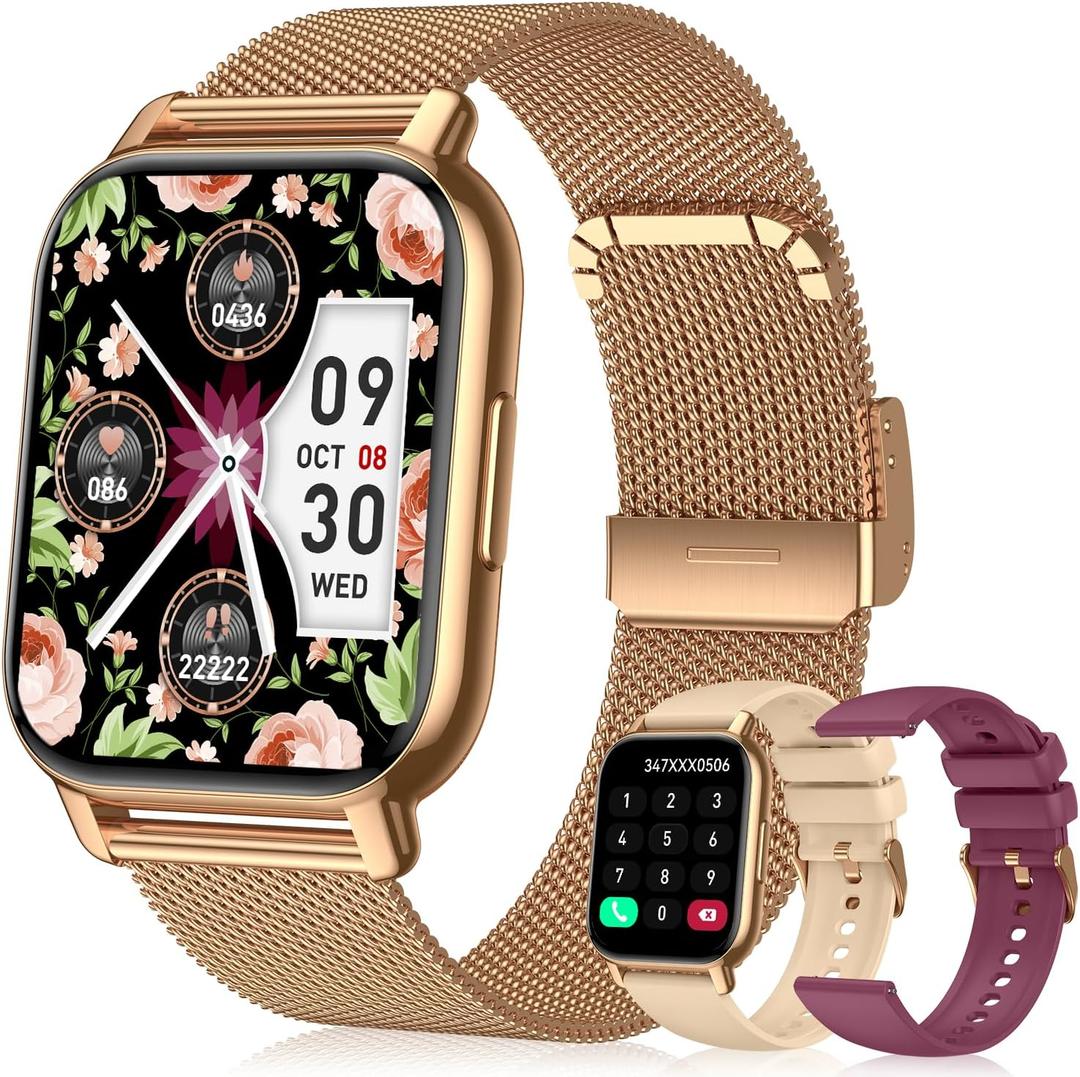 Smart Watch for Women(3 Bands), Smartwatch Fitness Tracker with Bluetooth Calls & AI Voice Control, 1.85 HD Screen, Heart Rate/SpO2 Monitor, Sleep Tracker, Compatible with Android iOS (Gold)