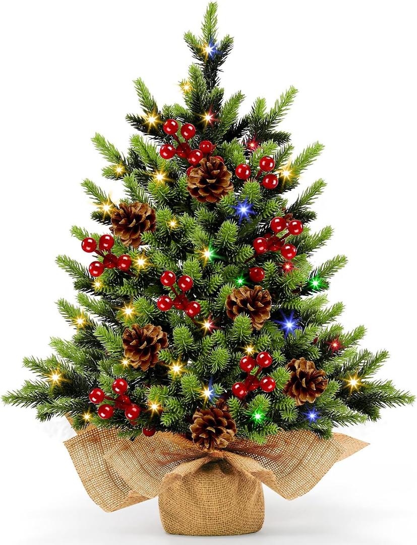 [ 12 Modes & Timer] Christmas Artificial Tree LED Warm Lights Battery Operated Red Berries Pine Cone Burlap Base Indoor Home Christmas Decorations