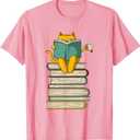 Reading Cat - Funny Book & Tea Lover Gift Short Sleeve T-Shirt Pink 3XL