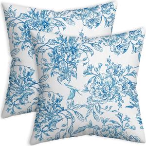 Blue and White Porcelain Floral Bird Pillow Covers 18x18, Flower Floral Chinoiserie Couch Pillow Case Set of 2, Modern Decorative Square Throw Pillows for Living Room