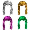 Sumind 4 Pieces Foil Tinsel Wigs Fancy Dress Shiny Party Wig Adults Metallic Cosplay Supplies (Gold, Silver, Green and Pink)