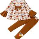 Thanksgiving Girl Outfit Cute Bow Dress Top + Turkey Leggings Fall Clothes 3-8 Years (6-7 Years, Light Brown)