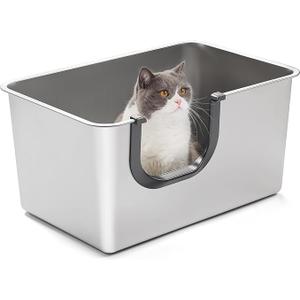 Yangbaga Extra Large Stainless Steel Litter Box, Leak Proof 12 Inches High Sides for Urine & Litter Trapping, Easy Entry for Kittens, Older Cats,Non-Stick,Non-Slip,No Sharp Edges