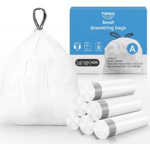TIPGO Small Trash Bags Drawstring 1.6 Gallon, Pre-Cut Mini Garbage Bags for 1.2-1.8 Gallon Trash Bins, 120 Count (Code A)