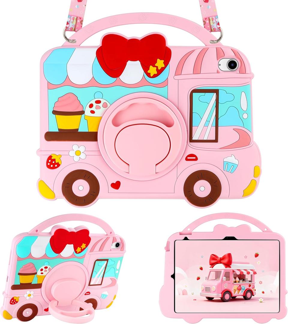 VOFUOE for iPad 11th Generation A16 Case 2025, for iPad 10th Generation Case 10.9 2022 Kids Girls Sweet Dessert House Design with Shoulder Straps Rotating Stand Soft Silicone Protective Cover-Pink