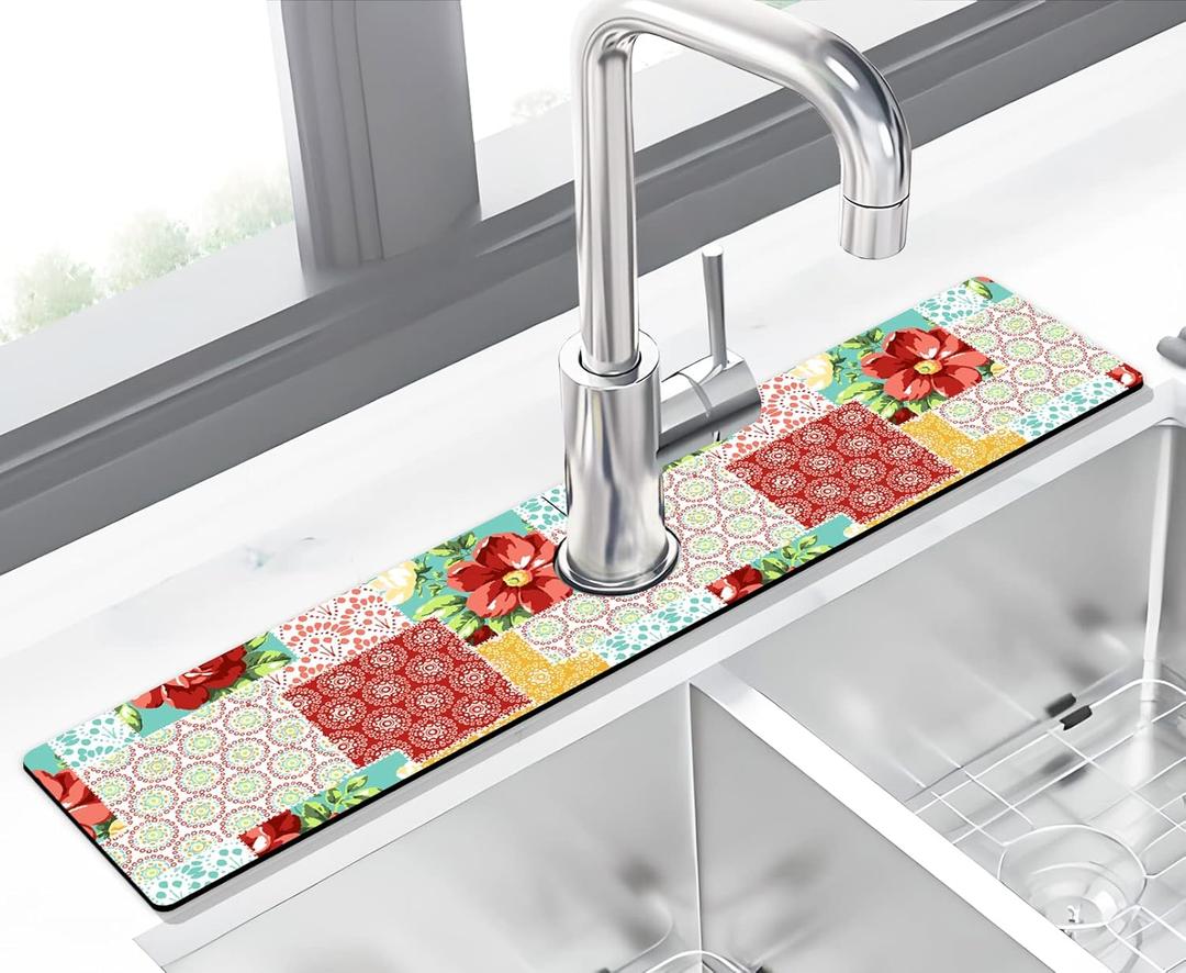 Kitchen Sink Splash Guard Faucet Mat Super Absorbent Fast Drying Mat Sink Gadgets Splash Guard Behind Faucet Drip Catcher for Kitchen (Boho Trellis, 23.5x5.5in)