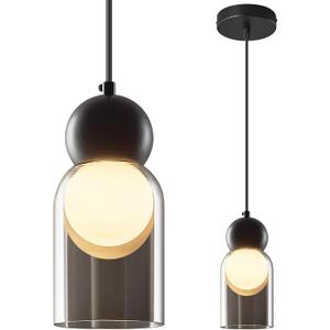 Glass Pendant Light Kitchen Island, 3.93 Inch Smoke Gray Clear Glass Lampshade,Modern Pendant Lights Hanging Light Fixture for Dining Table Living Room Bedroom,E26 LED Bulb Include (Black-B-1pack)