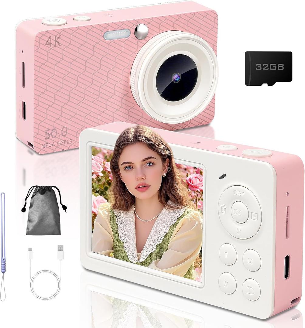 Digital Camera for Photography Autofocus, FHD 4K Point and Shoot Cameras with 32GB SD Card, Portable Travel Camera with 16X Digital Zoom, Small Compact Camera for Girls Teens Beginners, Pink