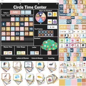 Pasimy 284 Pcs Circle Time Learning Center Classroom Pocket Chart Boho Circle Time Calendar Learning Math Calendar Weather Color Shape for Home Classroom Decoration Back to School Supplies