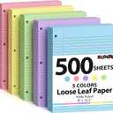 Koogel 500 Sheets Colored Filler Paper, 5 Colors 8 x 10-1/2 Inch Wide Ruled, 3-Hole Punched, Loose Leaf Notebook Paper for 3 Ring Binders, for Students & Office, School Supplies
