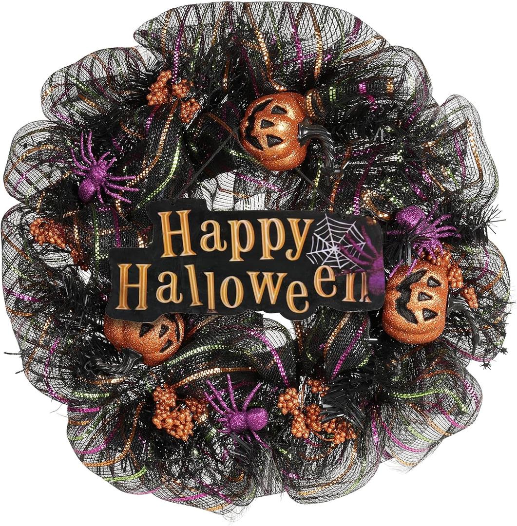 24 inch Wreath, Halloween Wreath for Front Door, Halloween Spider Decor Pumpkin Skull Wreaths, Wall, Window, Garden and Offices Decor. (Black)