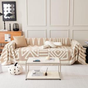 Chenille Boho Couch Cover Throw Blanket for Dogs Sofa Covers Washable for 3 Cushion Couch Sofa Protector Pet Friendly (Geometric Khaki,71 * 150inch)
