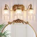 Gold Vintage Bathroom Light Fixtures, 3-Lights Bathroom Vanity Light, Antique Brushed Brass Lighting Fixtures Over Mirror with Crystal Glass Shade, Wall Sconce Lighting
