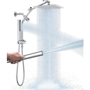 Veken 10" Luxurious All Metal Rain Shower Head with Handheld Spray Combo, High Pressure Rainfall Square Shower Heads with Extention Arm, Wide Dual Showerhead, Bathroom Accessories, Chrome, Silver