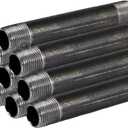 SupplyGiant 3/8 x 6 Inch Black Steel Pipe (10-Pack), Heavy Duty Industrial Malleable Iron Pipes, Pre Cut Threaded Nipple Great For All DIY Furniture And Black Pipe Shelving