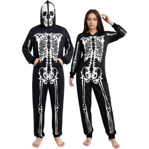 Halloween Skeleton Costume for Adults Full Body Jumpsuit with Hood and Face Print for Men Women One Piece Pajamas (Large, White)