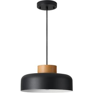 Modern Farmhouse Pendant Lights, 12.6 inch,Natural Wood Cap, Stylish Simple Ceiling Light Fixture for Dining Room, Kitchen Table, Matte Black