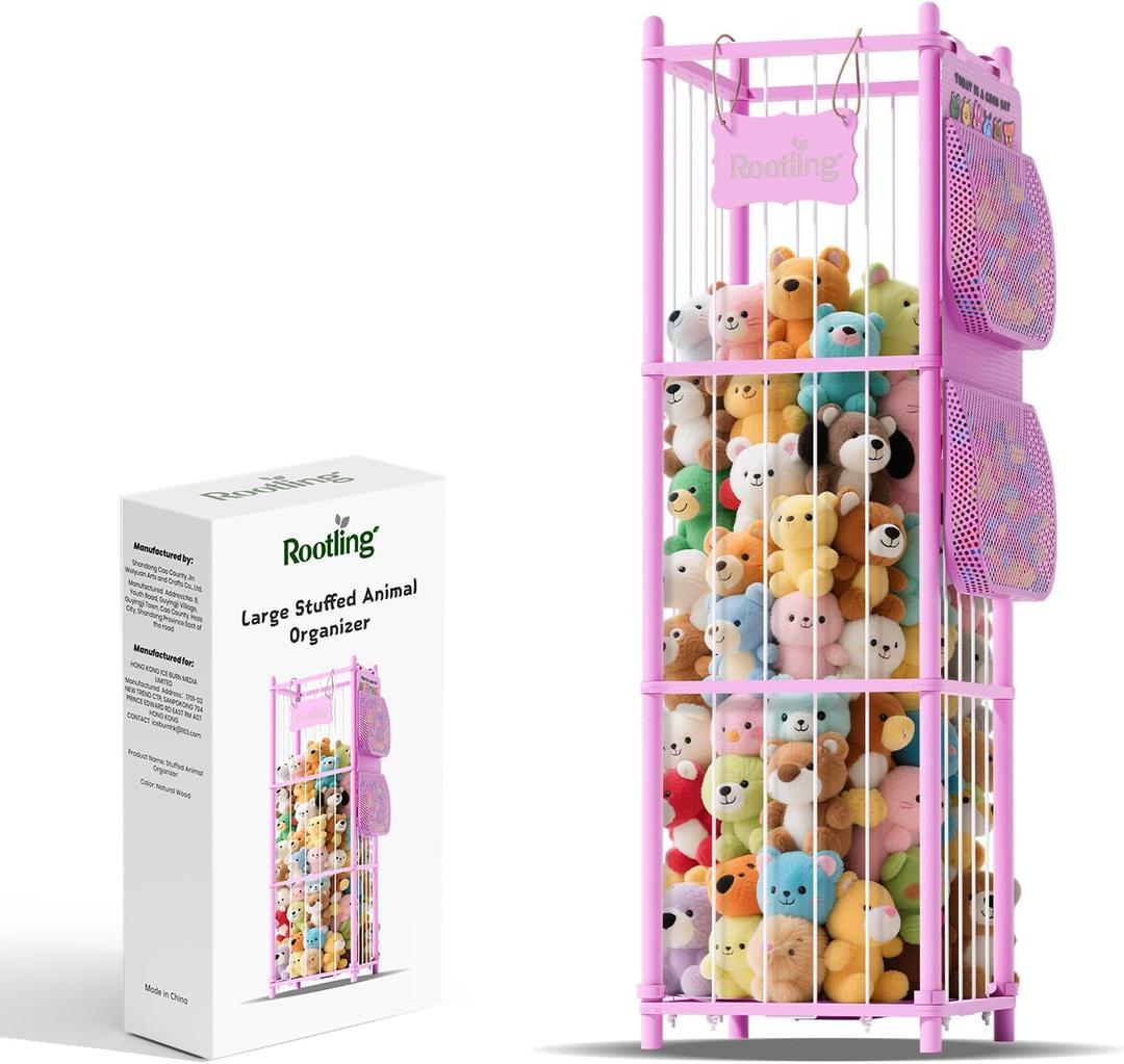 Stuffed Animal Storage & Organizer, 54 inch Tall Wooden Cute Zoo Toy Holder w/Building Block Storage Bag, Premium Wooden Material with Elastic Cord for Toddler Rooms, Playrooms (Pink, Large)