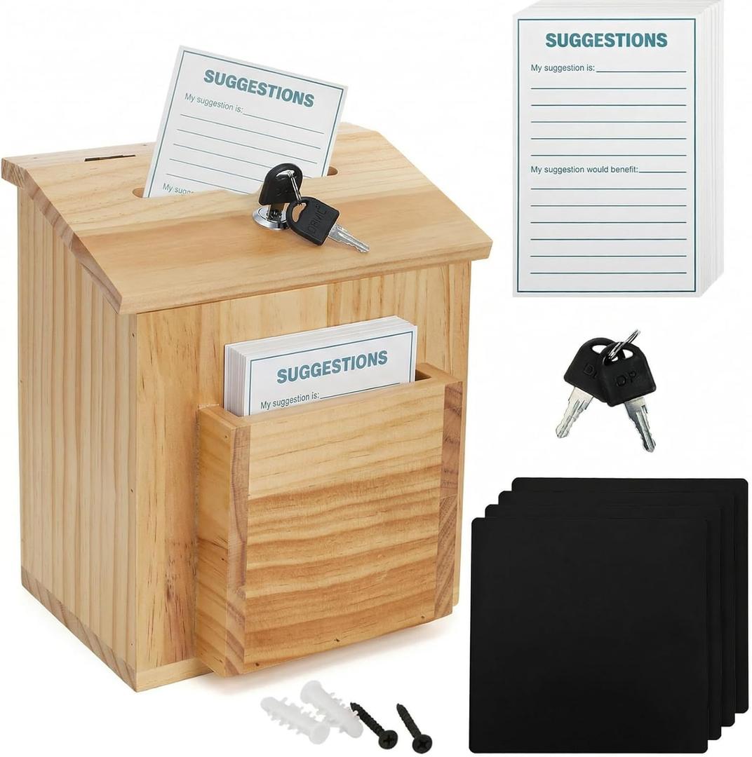 ZENFUN Wooden Suggestion Box with 50 Free Suggestion Cards, Natural Pinewood Ballot Comment Box Donation Box with Locking Hinged Lid for Countertop or Wall Mounted, 8.6" x 6.8" x 10"