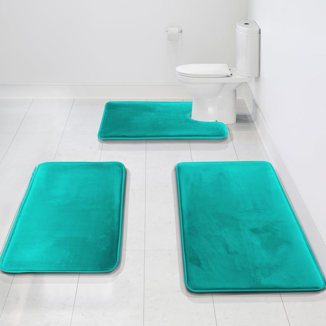 Clara Clark 3 Piece Bathroom Rugs Bath Mat Set, Velvet Memory Foam Bath Mats for Bathroom - Non-Slip, PVC Backing Bath Rugs, Washable - Dries Quickly, Teal