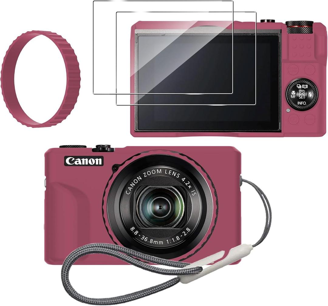 Silicone Case for Canon PowerShot g7x Mark iii with Removable Lens Cover and 2PCS Screen Protector and a Lanyard g7x mark iii case - (red)