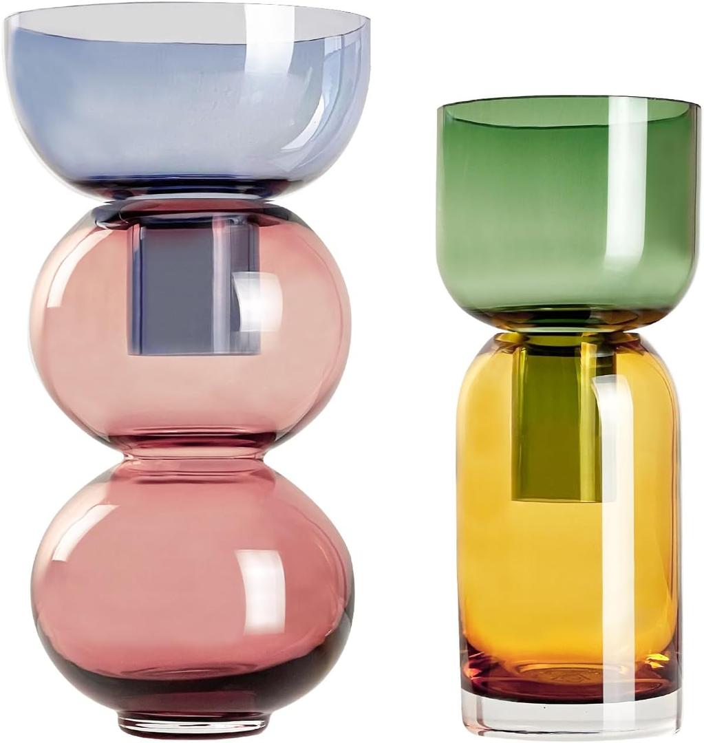 Cloudnola Reversible Glass Flower Vase and Bud Vase Set of 2, Pink & Blue and Green & Yellow, Ideal Gift Set, for Home, Wedding, and Event Decor