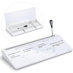 Varhomax Glass Weekly Dry Erase Desk White Board, Desktop to Do List Planner Whiteboard Calendar with Storage Caddy Memo for Home and Office, White