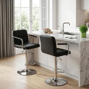 DUMOS Bar Stools Set of 2, Adjustable Swivel Bar Chairs with Padded Armrests and Ergonomic Backrest for Kitchen Island Counter Pub Dining Room, Water-Resistant PU Leather, Black