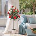 Yepdin 47 inch Artificial Rose Tree with Decorative White Planter,224 Leaves and 24 Blooming Outdoor Fake Flower Trees,Faux Plants for Indoor Home Front Door Decor