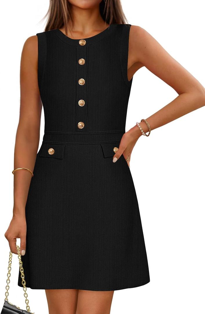 MEROKEETY Women's Summer Sleeveless Mini Dresses Button Crewneck A Line Elegant Sweater Tank Dress, Black, Small