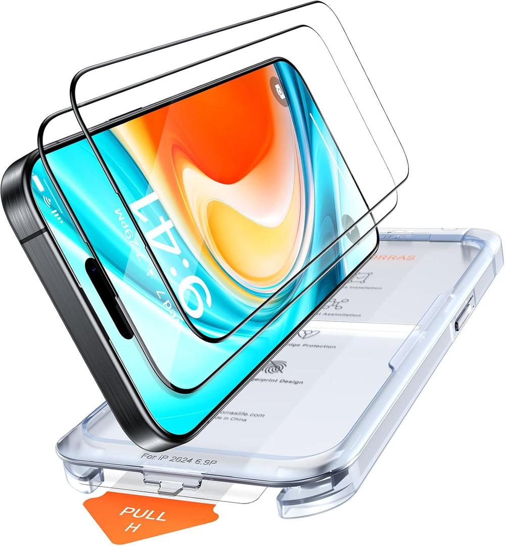TORRAS 12FT Military Grade Shatterproof for iPhone 16 Screen Protector [9HUnbreakable, Longest Durable], 1:1 Full Coverage Invisible Fit tempered glass screen protector 16, One-Pull Install 2 Packs