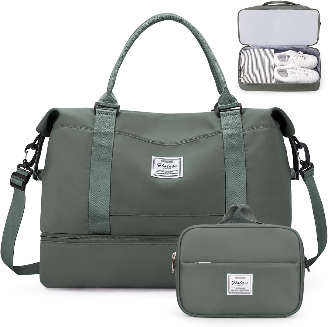 Weekender Bags for Women,Personal Item Travel Bag with Shoes Compartment,Overnight Travel Duffel Bag with Toiletry Bag,Medium (Olive Green)