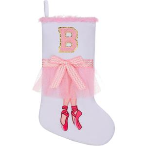 17.5 inch Ballet Christmas Stocking,Feather & Bow Embroidery Design, Holiday Party Decor for Fireplace Mantel Gifts,Initial B