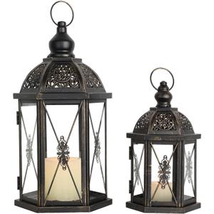 DECORKEY Large Lantern Decorative Outdoor & Indoor, Set of 2 (15&10) Metal Candle Lanterns Decor, Vintage Hanging Candle Holder for Front Porch Patio Wedding Farmhouse Home, Spring Decoration (Black / 14.9''+10.4'')