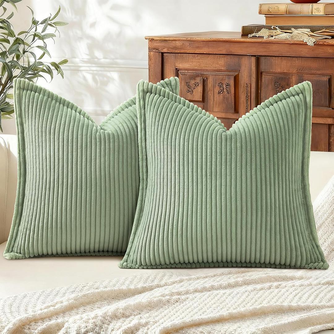 Mecatny Corduroy Throw Pillow Covers 20x20 Set of 2, Neutral Decorative Soft Boho Couch Pillow Covers with Broadside for Sofa Living Room, Sage Green
