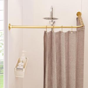 L Shaped Shower Curtain Rod, [24"-47.6"] x [24"-47.6"] Dual-Slide Corner 90 Degree Shower Rod for Bathroom, Bathtub & Outdoor with 12 Hooks & Ceiling Support - Gold