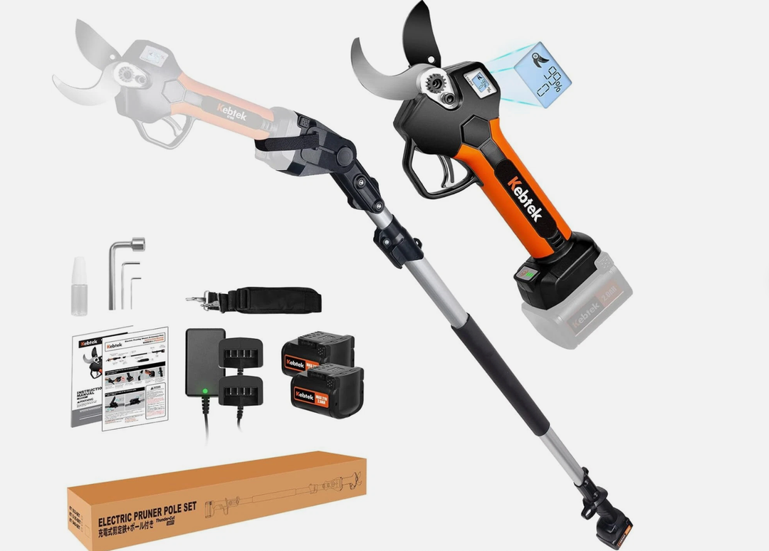 2 In 1 Electric Pruning Shears 40MM, Kebtek Cordless Pruner with Extension Pole 18V Brushless Motor 2Pack 2AH Rechargeable Battery-LCD Display Screen (KT940 Pruner+Pole Set)