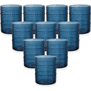 YOUBET 24PCS Plastic Drinking Glasses - 14OZ Blue Hobnail Drinkware Glasses - Vintage Glassware Textured Beaded Cups for Water, Beer, Whiskey, Juice and Various Mixed Drinks
