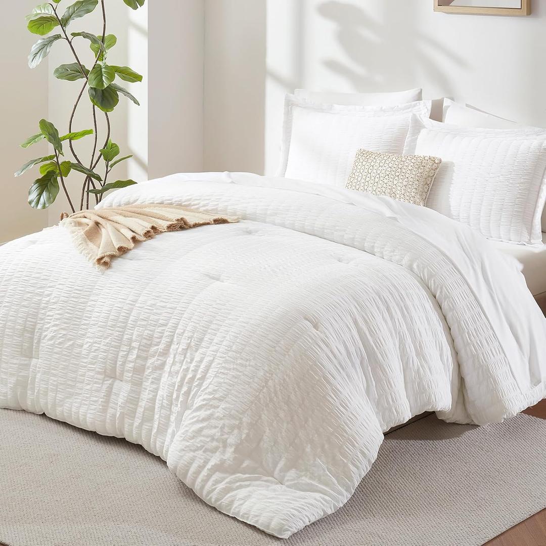 CozyLux King Size Comforter Set White Seersucker 7 Pieces Bed in a Bag King Comforter Set with Sheets, Luxury Soft Bedding Sets with Down Alternative Comforter, Sheets, Pillowcases & Shams All Seasons
