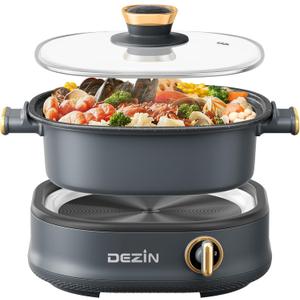 Dezin Electric Shabu Shabu Pot - 3L Non-Stick Hot Pot with Dual-Power Control, Tempered Glass Lid for Parties and Gatherings