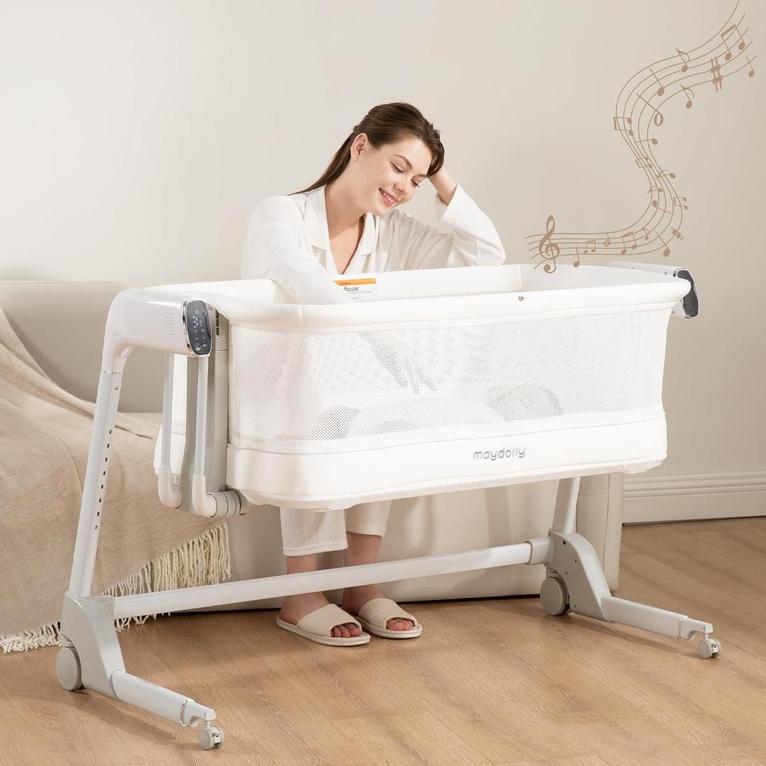 Maydolly Baby Bassinet, Smart Crib, Automatic Cry Detection and Response, Rocking Bassinet for Baby, 7 Height Adjustable with Mattress for Newborns (White)