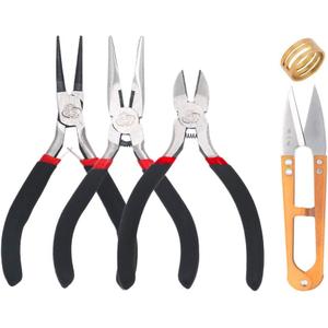 Jewelry Pliers Set: Round Nose, Wire Cutters, Needle Nose, U Sewing Scissors & Jump Ring Opener - Black, Ergonomic Grip,  Product Dimensions 4.75"L x 4.75"W