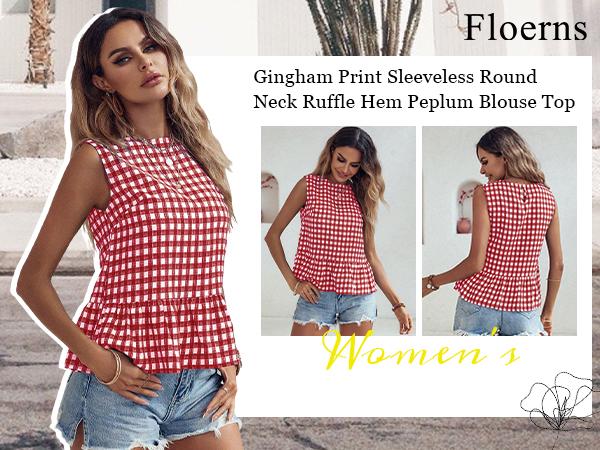 Floerns Women's Gingham Print Sleeveless Round Neck Ruffle Hem Peplum Blouse Top (Red and White) L